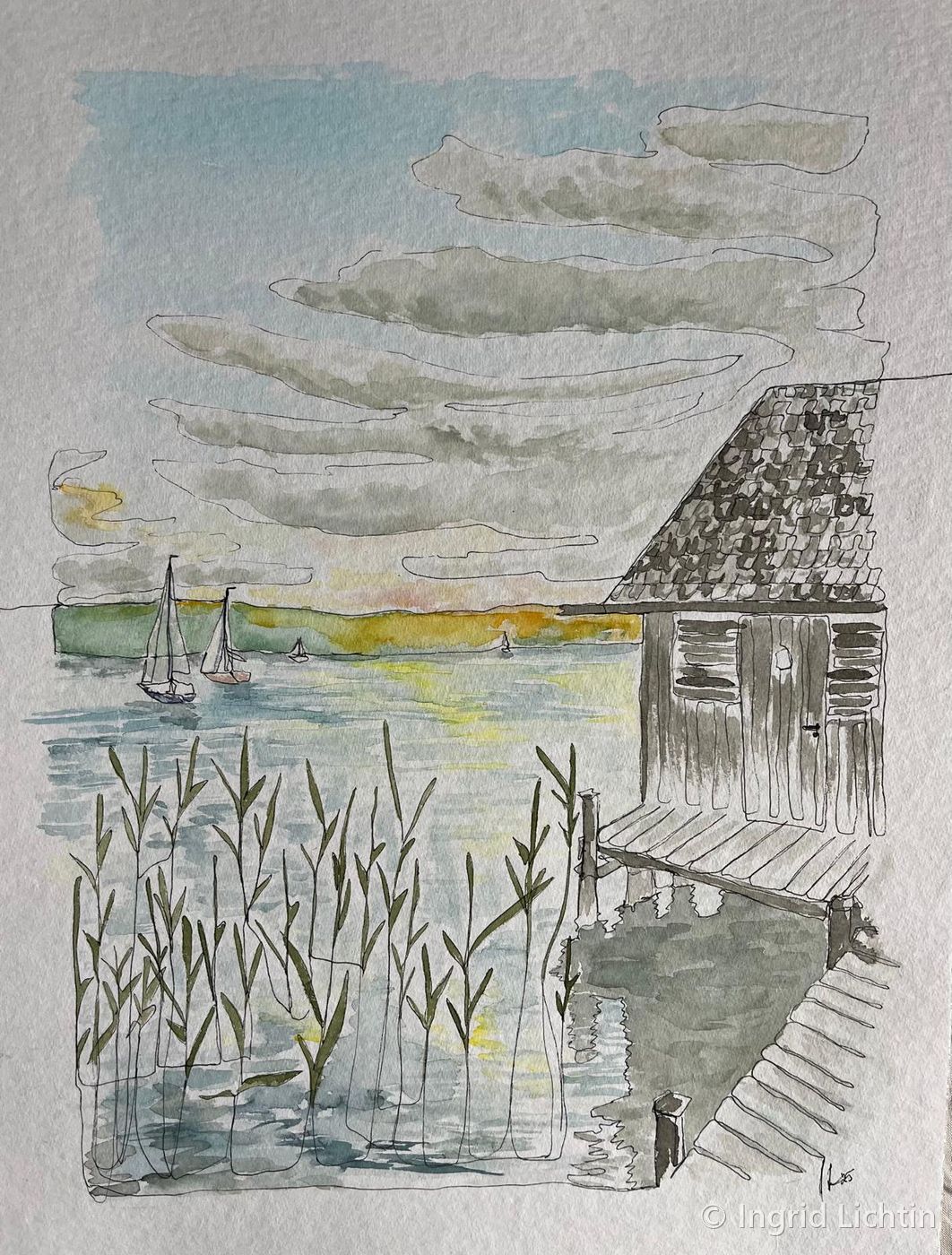 Maritime Boat House — a waterfront scene with a wooden boat house on stilts, reeds and distant sailboats