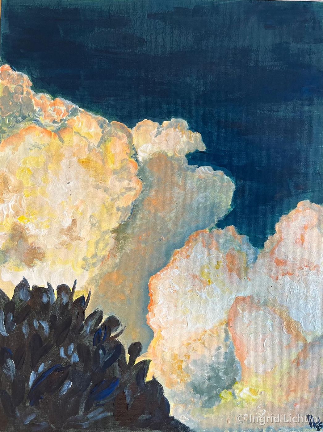 Dramatic Cumulus Clouds — towering sunset clouds in cream and pink against a deep teal sky