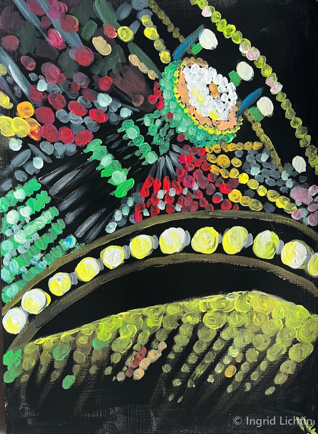 Abstract Carnival Lights — vibrant multicolored dots forming an arch against a black background