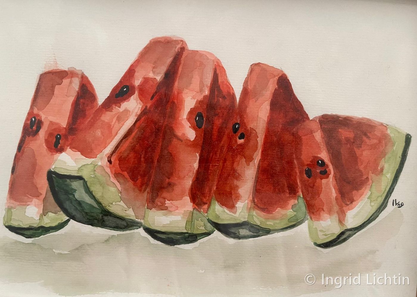 Sliced Watermelon — five triangular watermelon slices in ruby red with black seeds