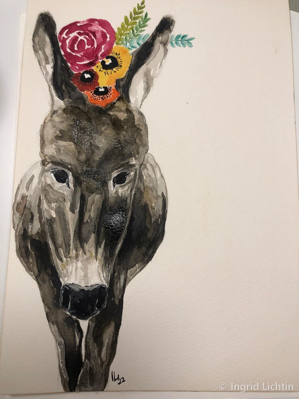 Whimsical Donkey with Flower Crown — a front-facing donkey wearing a crown of pink roses and yellow pansies